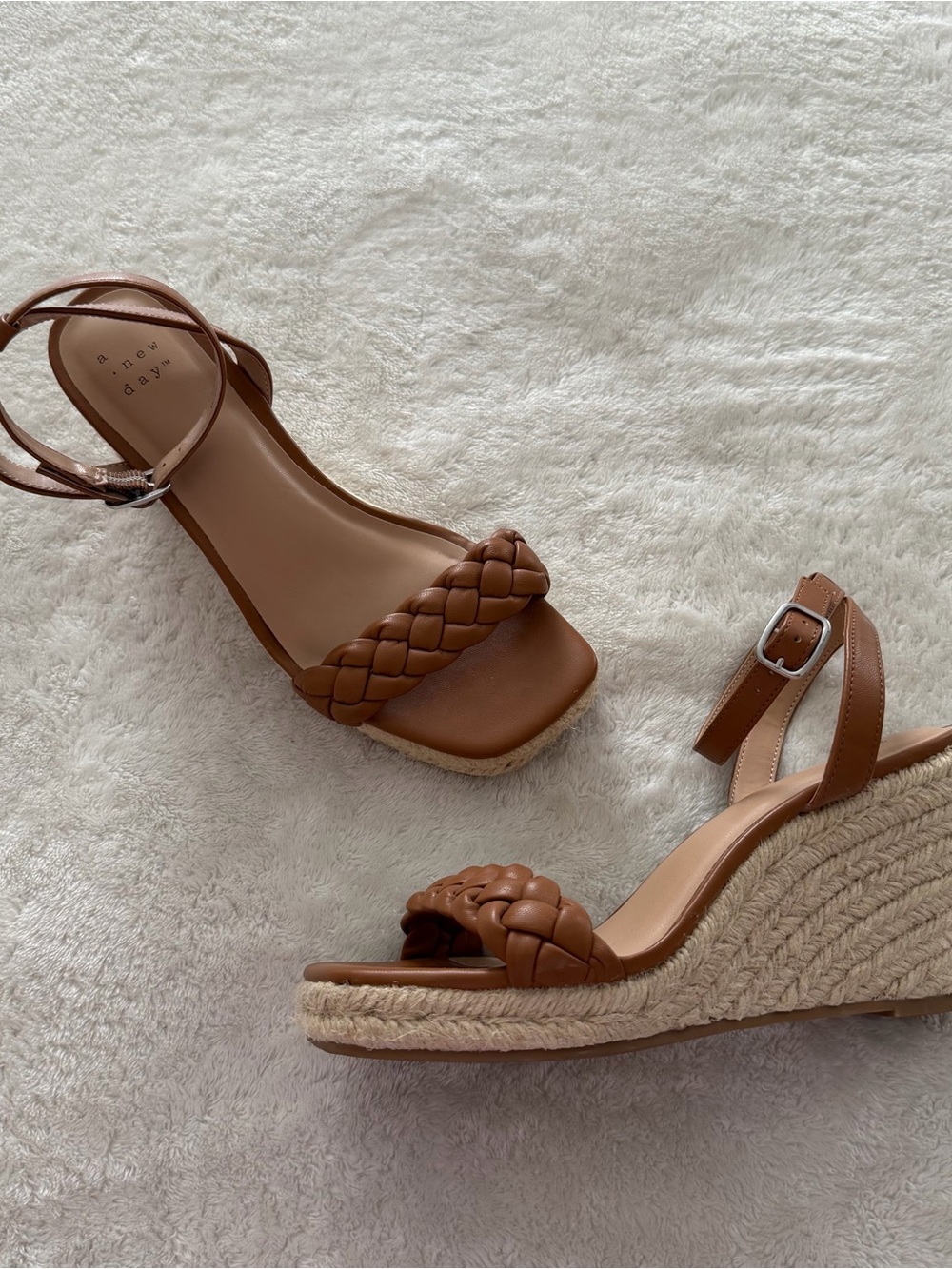 A New Day Tan Braided Sandal Heel Square Toe Wedges size 7.5 Women’s